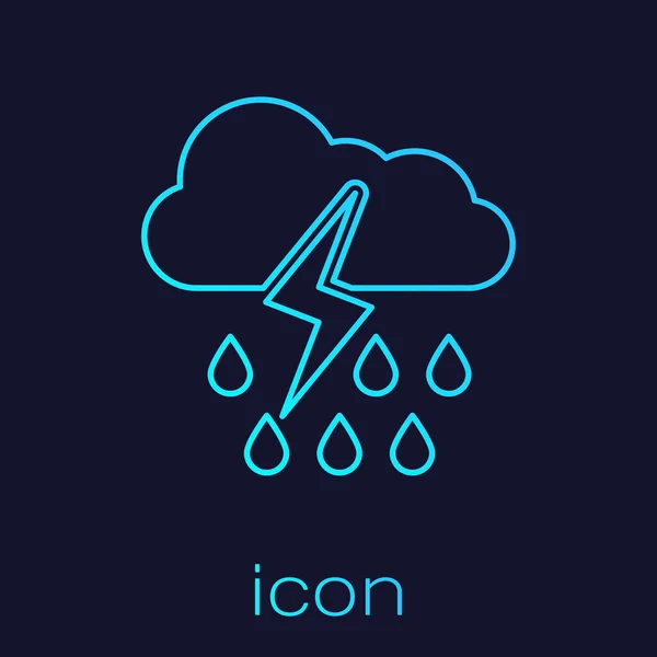 Turkos linje moln med regn och blixt ikon isolerad på blå bakgrund. Regn moln nederbörd med regndroppar.Väder ikon av storm. Vektor Illustration — Stock vektor