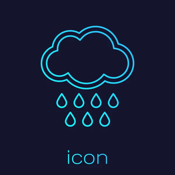 Turquoise line Cloud with rain icon isolated on blue background. Rain cloud precipitation with rain drops. Vector Illustration — Stock Vector