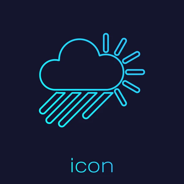 Turquoise line Cloudy with rain and sun icon isolated on blue background. Rain cloud precipitation with rain drops. Vector Illustration — Stock Vector