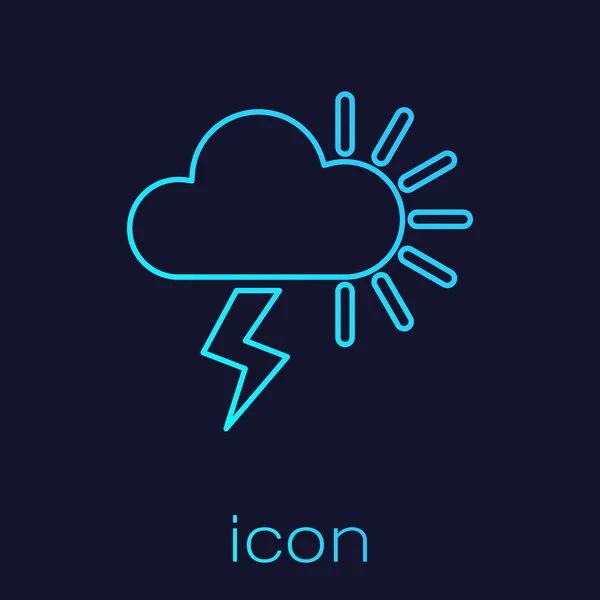 Türkisfarbene Linie Sturm Symbol isoliert auf blauem Hintergrund. Bewölkt mit Blitz und Sonne. Wetter-Ikone Sturm. Vektorillustration — Stockvektor