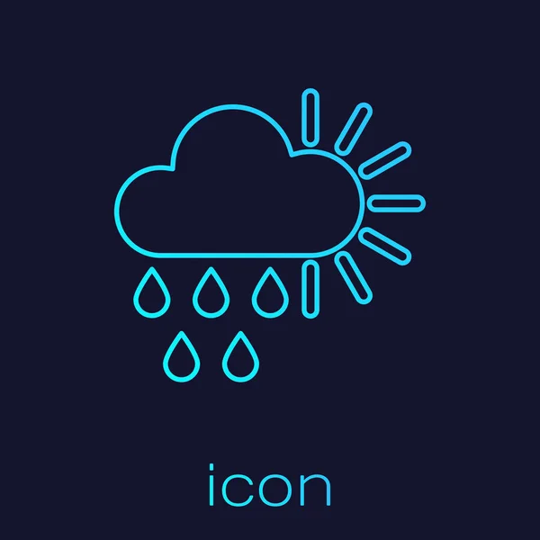 Turkos linje Molnigt med regn och sol ikon isolerad på blå bakgrund. Regn moln nederbörd med regndroppar. Vektor Illustration — Stock vektor