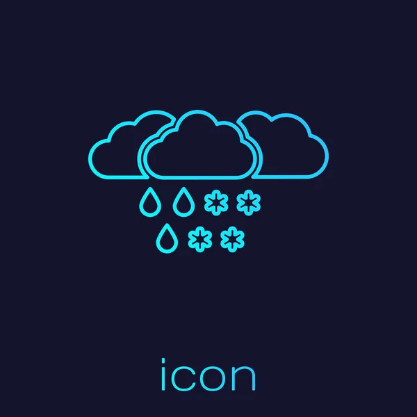 Turquoise line Cloud with snow and rain icon isolated on blue background. Weather icon. Vector Illustration — Stock Vector