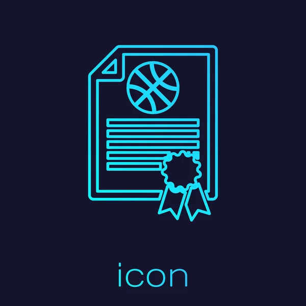 Línea turquesa Plantilla de certificado icono de premio de baloncesto aislado sobre fondo azul. Logro, premio, título, beca, conceptos de diploma. Ilustración vectorial — Vector de stock