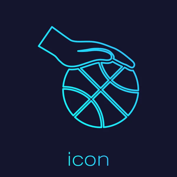 Línea turquesa Mano con icono de pelota de baloncesto aislado sobre fondo azul. Símbolo deportivo. Ilustración vectorial — Vector de stock