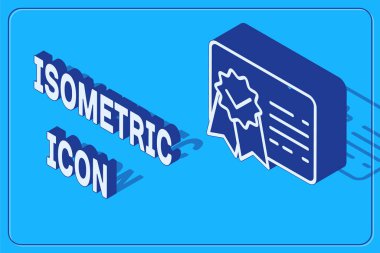 Isometric Sertifika şablon simgesi mavi arkaplanda izole edildi. Başarı, ödül, diploma, burs, diploma. İş başarısı sertifikası Vektör İllüstrasyonu