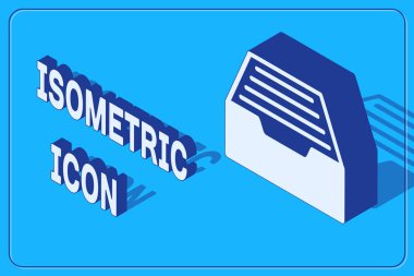 Mavi arkaplanda belge simgesine sahip Isometric çekmece. Arşiv çekmecesi. Dosya dolabı çekmecesi. Ofis mobilyası. Vektör İllüstrasyonu