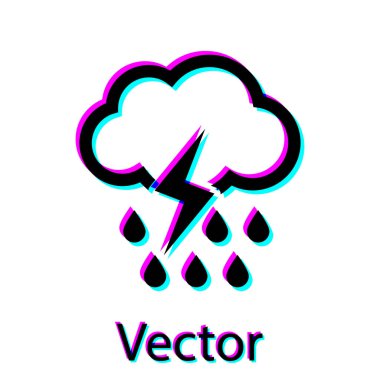 Siyah Bulut, beyaz arka planda izole edilmiş yağmur ve şimşek ikonu. Yağmur damlalı yağmur bulutu yağışı. Fırtına ikonu. Vektör İllüstrasyonu