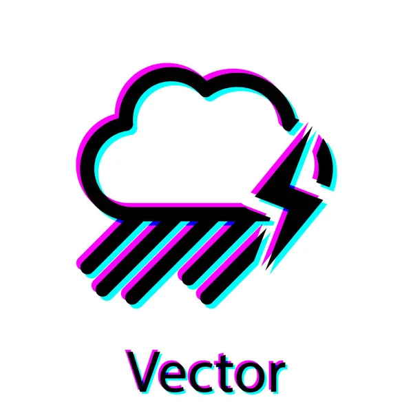 하얀 배경에는 비와 번개의 아이콘이 떨어져 있는 검은 구름 이 있었습니다. 빗방울 과 함께 비오는 구름 . 폭풍의 날씨 아이콘. 벡터 일러스트 — 스톡 벡터