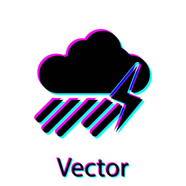 Fekete felhő eső és villám ikon elszigetelt fehér háttér. Esőfelhő csapadék esőcseppekkel.Időjárás ikon vihar. Vektorillusztráció — Stock Vector