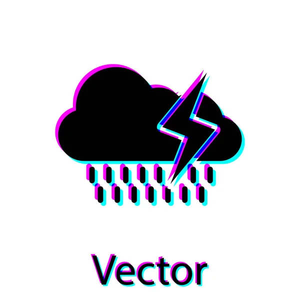 Nube negra con la lluvia y relámpago icono aislado sobre fondo blanco. Precipitación de nubes de lluvia con gotas de lluvia.Icono meteorológico de la tormenta. Ilustración vectorial — Vector de stock