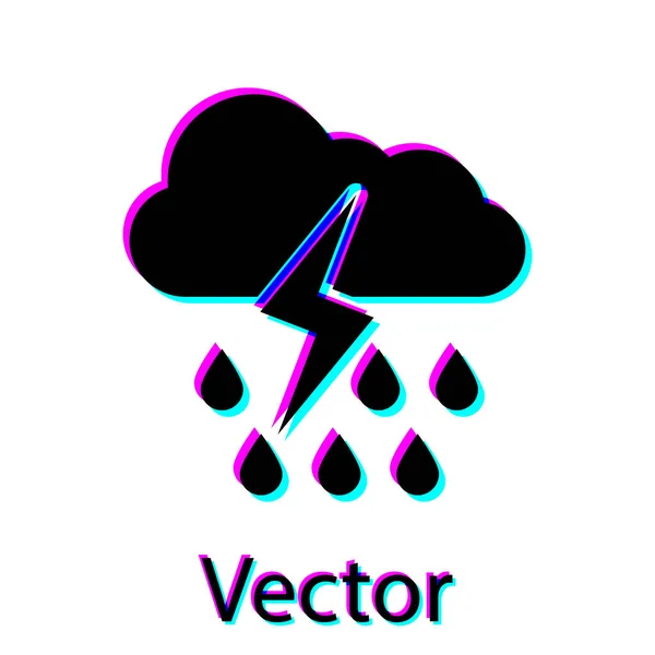 Nube negra con la lluvia y relámpago icono aislado sobre fondo blanco. Precipitación de nubes de lluvia con gotas de lluvia.Icono meteorológico de la tormenta. Ilustración vectorial — Vector de stock