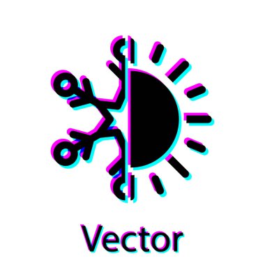 Siyah sıcak ve soğuk sembolü. Güneş ve kar tanesi simgesi beyaz arka plan üzerinde izole. Kış ve yaz sembolü. Vektör İllüstrasyonu