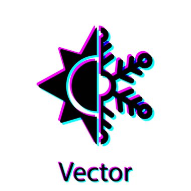 Siyah sıcak ve soğuk sembolü. Güneş ve kar tanesi simgesi beyaz arka plan üzerinde izole. Kış ve yaz sembolü. Vektör İllüstrasyonu