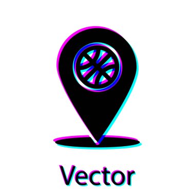 Siyah konum, içinde basketbol topu olan beyaz arka planda izole edilmiş bir sembol. Vektör İllüstrasyonu