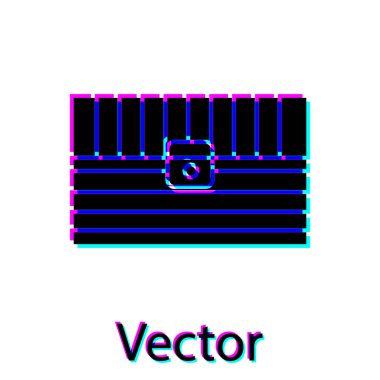 Beyaz arka planda siyah antika hazine sandığı ikonu var. Altın sikkeli klasik tahta sandık. Vektör İllüstrasyonu