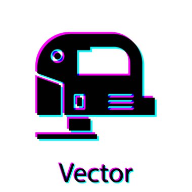 Beyaz zemin üzerinde çelik keskin bıçak ikonu olan siyah elektrikli yapboz. Ahşap işçiliği için elektrikli alet. Vektör İllüstrasyonu