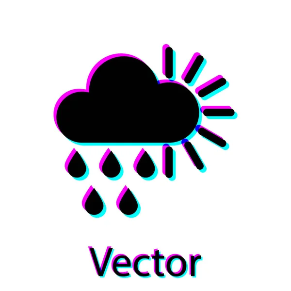 Nublado preto com ícone de chuva e sol isolado no fundo branco. Precipitação de nuvens de chuva com gotas de chuva. Ilustração vetorial — Vetor de Stock