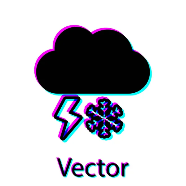 Black Cloud with snow and lightning icon isolated on white background. Cloud with snowflakes. Single weather icon. Snowing sign. Vector Illustration — Stock Vector