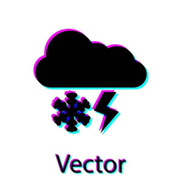 Black Cloud with snow and lightning icon isolated on white background. Cloud with snowflakes. Single weather icon. Snowing sign. Vector Illustration — Stock Vector