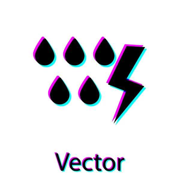 Icono de tormenta negra aislado sobre fondo blanco. Señal de caída y relámpago. Icono del tiempo de tormenta. Ilustración vectorial — Vector de stock