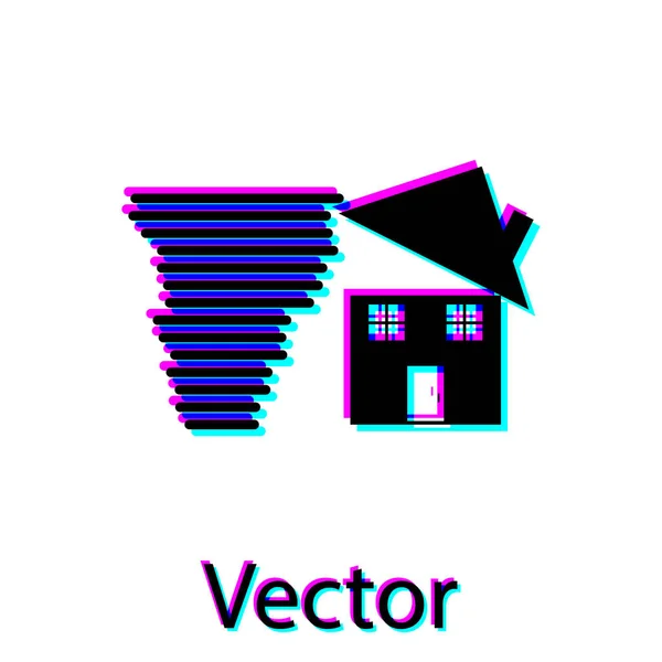 Black Tornado redemoinho danifica ícone telhado casa isolada no fundo branco. Ciclone, turbilhão, funil de tempestade, ícone de vento de furacão. Ilustração vetorial — Vetor de Stock