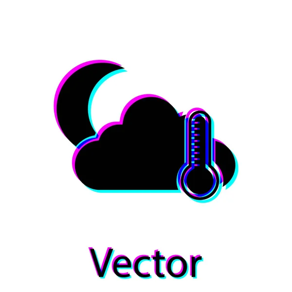 Schwarzes Thermometer und Wolke mit Mondsymbol auf weißem Hintergrund. Vektorillustration — Stockvektor