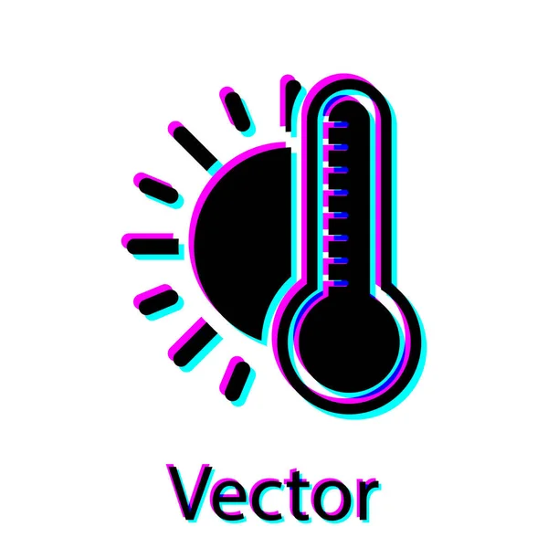 Schwarzes Thermometer mit Sonnensymbol auf weißem Hintergrund. Vektorillustration — Stockvektor