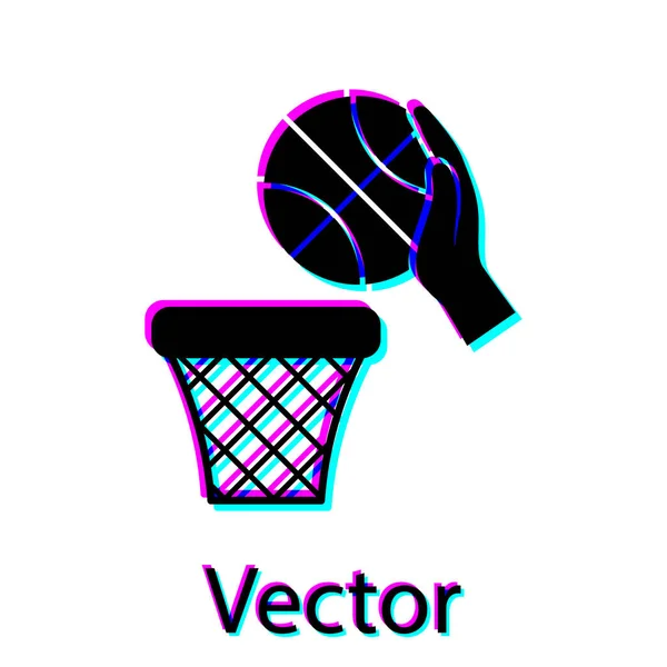 Schwarze Hand mit Basketball- und Basketballsymbol auf weißem Hintergrund. Ball im Basketballkorb. Vektorillustration — Stockvektor
