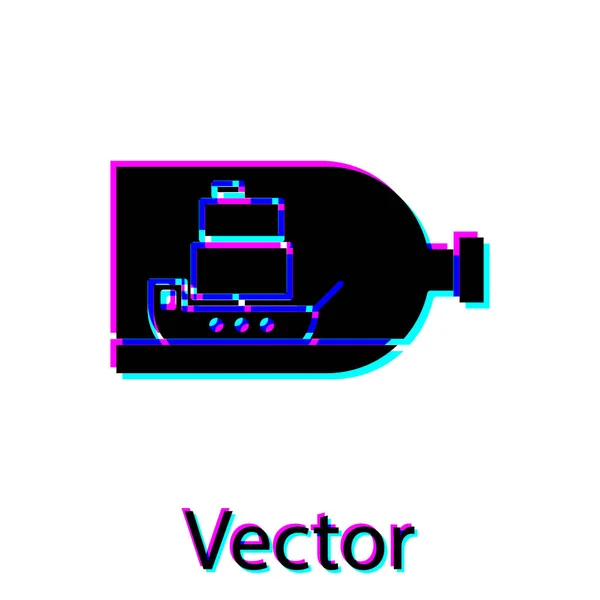 Garrafa de vidro preto com navio dentro ícone isolado no fundo branco. Modelo em miniatura de embarcação marinha. Hobby e tema do mar. Ilustração vetorial — Vetor de Stock