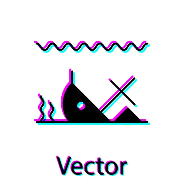 Barco hundido negro en el fondo del icono del mar aislado sobre fondo blanco. Ilustración vectorial — Vector de stock