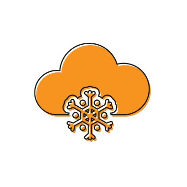 Beyaz arka planda izole edilmiş kar simgesine sahip Turuncu Bulut. Kar taneli bulut. Tek hava durumu simgesi. Kar işareti. Vektör İllüstrasyonu