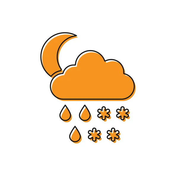 Nuvola arancione con neve, pioggia e icona della luna isolata su sfondo bianco. Icona meteo. Illustrazione vettoriale — Vettoriale Stock