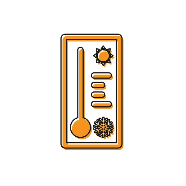Oranžový meteorologický teploměr měřící teplo a studenou ikonu izolovanou na bílém pozadí. Teploměr ukazuje teplé nebo studené počasí. Vektorová ilustrace — Stockový vektor