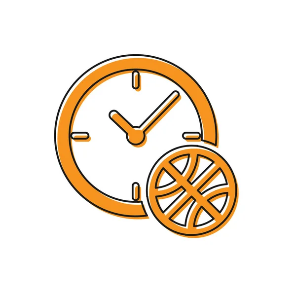 Oranžové hodiny s basketbalovým míčem uvnitř ikony izolované na bílém pozadí. Čas na basketbal. Sport a trénink. Vektorová ilustrace — Stockový vektor