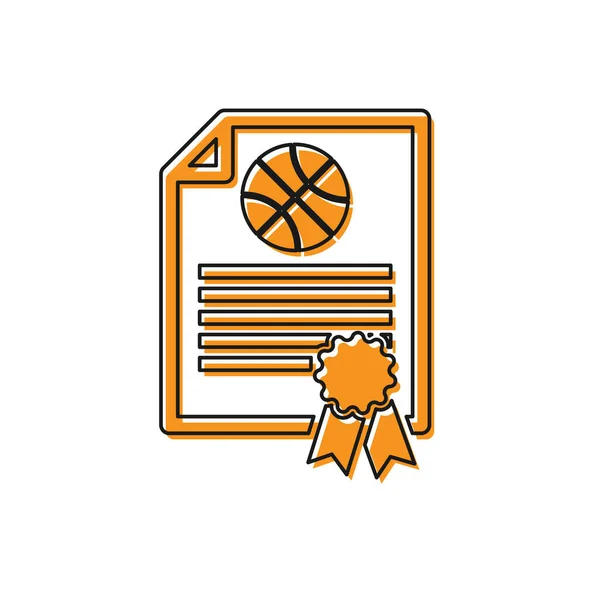 Modello di certificato arancione icona premio basket isolato su sfondo bianco. Conseguimento, premio, laurea, borsa di studio, diplomi. Illustrazione vettoriale — Vettoriale Stock