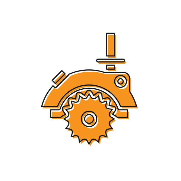 Orangefarbene elektrische Kreissäge mit einem Symbol aus Stahl, das auf weißem Hintergrund isoliert ist. elektrisches Handwerkzeug zum Schneiden von Holz oder Metall. Vektorillustration — Stockvektor