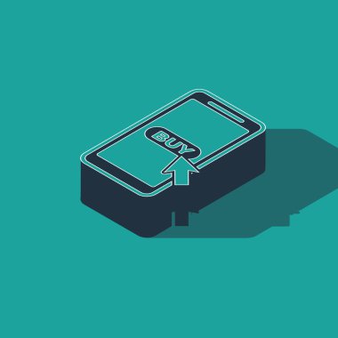 Isometric cep telefonu ve alışveriş arabası simgesi yeşil arka planda izole edildi. İnternetten satın alma sembolü. Süpermarket sepeti sembolü. Vektör İllüstrasyonu