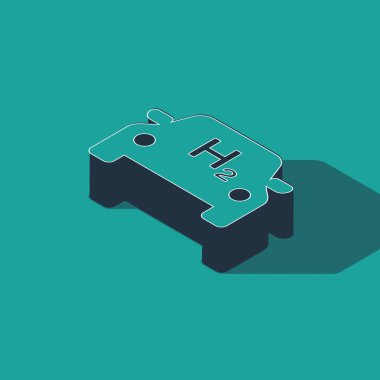 Isometric Hidrojen araba simgesi yeşil arka planda izole edildi. H2 istasyon işareti. Hidrojen yakıtlı hücre arabası çevre dostu sıfır emisyon. Vektör İllüstrasyonu