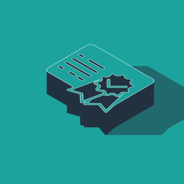 Isometric Sertifika şablon simgesi yeşil arkaplanda izole edildi. Başarı, ödül, diploma, burs, diploma. İş başarısı sertifikası Vektör İllüstrasyonu
