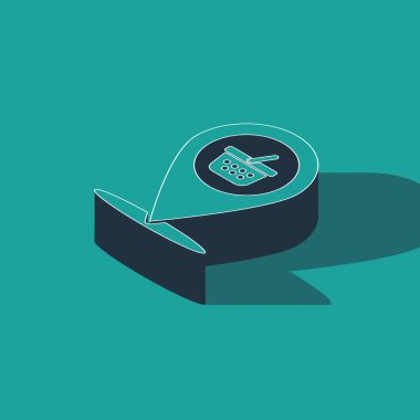 Yeşil arka planda izole edilmiş alışveriş sepeti simgesine sahip Isometric Harita göstergesi. İğne dükkânı ve alışveriş. Süpermarket sepeti sembolü. Vektör İllüstrasyonu