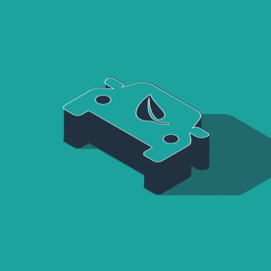 Yeşil arka planda yaprak simgesi olan Isometric Eco araba konsept sürücüsü. Yeşil enerji araba sembolü. Vektör İllüstrasyonu