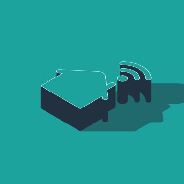 Yeşil arka planda kablosuz ağ ikonu olan Isometric Smart evi. Uzaktan kumanda. Vektör İllüstrasyonu