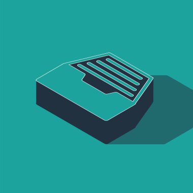 Yeşil arkaplanda belge simgesine sahip Isometric çekmece. Arşiv çekmecesi. Dosya dolabı çekmecesi. Ofis mobilyası. Vektör İllüstrasyonu