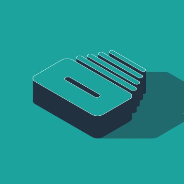 Yeşil arkaplanda belge simgesine sahip Isometric çekmece. Arşiv çekmecesi. Dosya dolabı çekmecesi. Ofis mobilyası. Vektör İllüstrasyonu