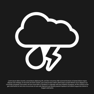 Siyah zemin üzerinde yağmur ve yıldırım simgesi olan Kara Bulut. Yağmur damlalı yağmur bulutu yağışı. Fırtına ikonu. Vektör İllüstrasyonu