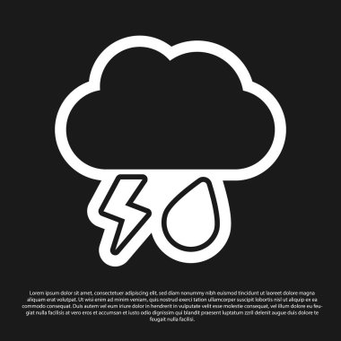 Siyah zemin üzerinde yağmur ve yıldırım simgesi olan Kara Bulut. Yağmur damlalı yağmur bulutu yağışı. Fırtına ikonu. Vektör İllüstrasyonu