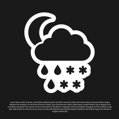 Kara bulutlu, karlı, yağmurlu ve kara arkaplanda izole edilmiş ay ikonu. Hava durumu simgesi. Vektör İllüstrasyonu