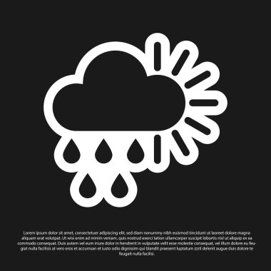 Kara bulutlu, yağmurlu ve siyah arka planda izole edilmiş güneş ikonu. Yağmur damlaları ile yağmur bulutu yağışı. Vektör İllüstrasyonu