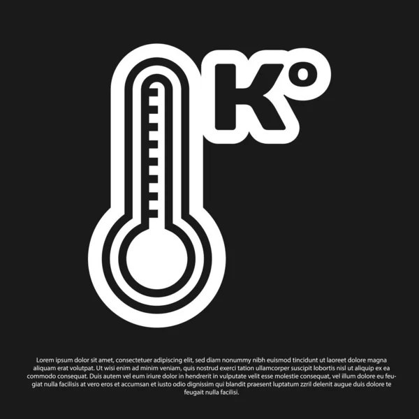 Black Meteorology thermometer measuring heat and cold icon isolated on black background. Temperature Kelvin. Vector Illustration — Stock Vector