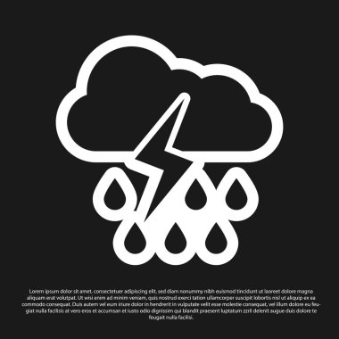 Siyah zemin üzerinde yağmur ve yıldırım simgesi olan Kara Bulut. Yağmur damlalı yağmur bulutu yağışı. Fırtına ikonu. Vektör İllüstrasyonu